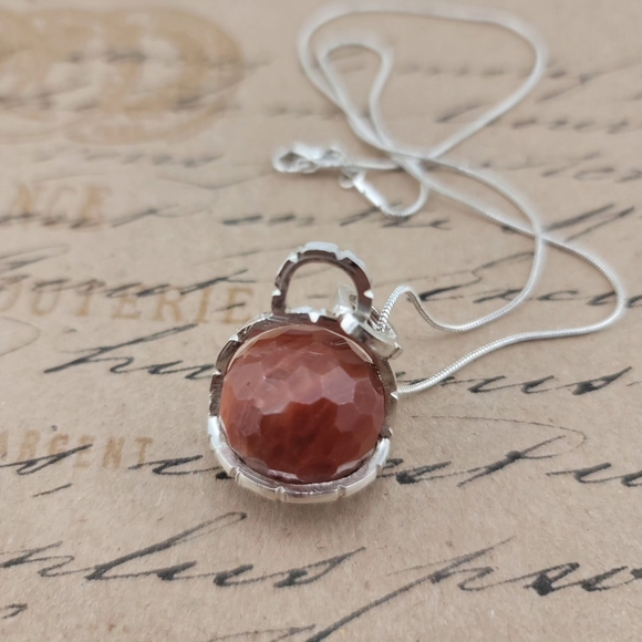 SPHERE CARNELIAN PENDANT IN STERLING SILVER METAL SNAKE CHAIN APPROX 18" - Picture 6 of 9